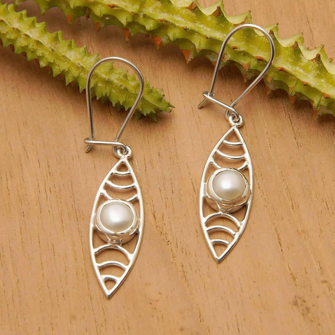 Cultured Pearl Silver Dangle Earrings with Openwork Accents - Surf Style in White