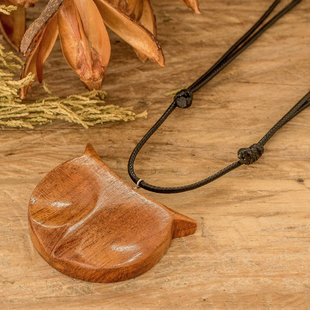 Hand-Carved Adjustable Cedarwood Owl Pendant Necklace - Nocturnal Owl