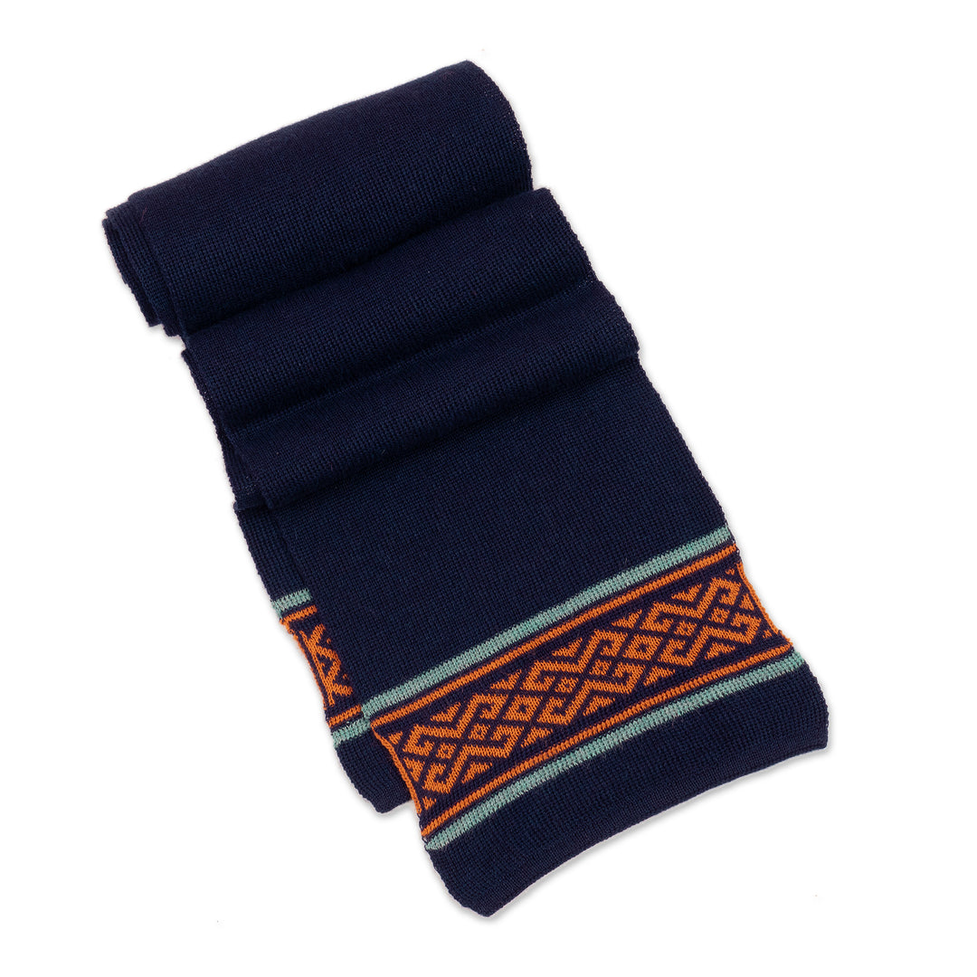 Knit Classic Indigo and Orange 100% Baby Alpaca Scarf - Indigo Andes