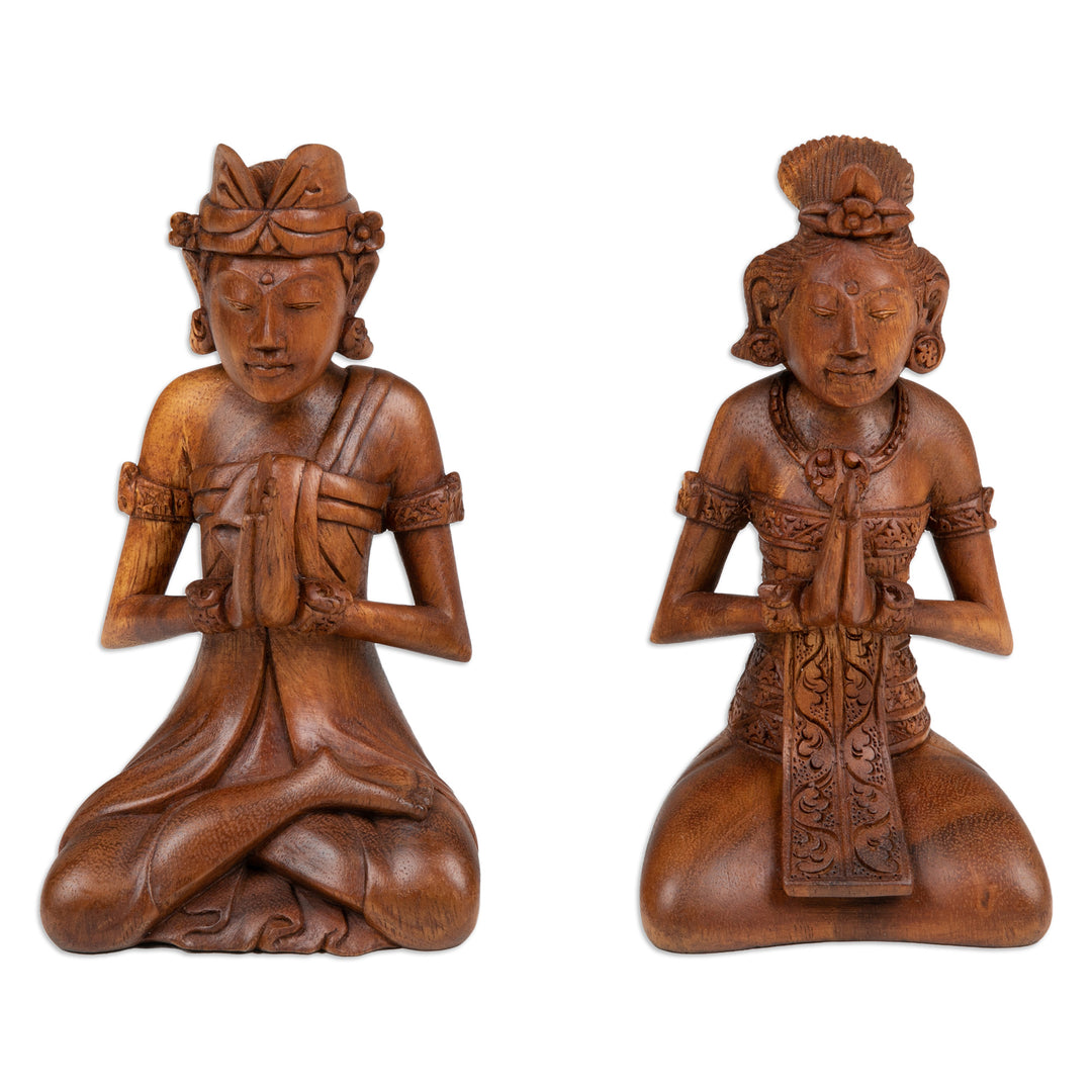 Two Hand-Carved Meditating Balinese Couple Wood Sculptures - Beautiful Balinese Couple