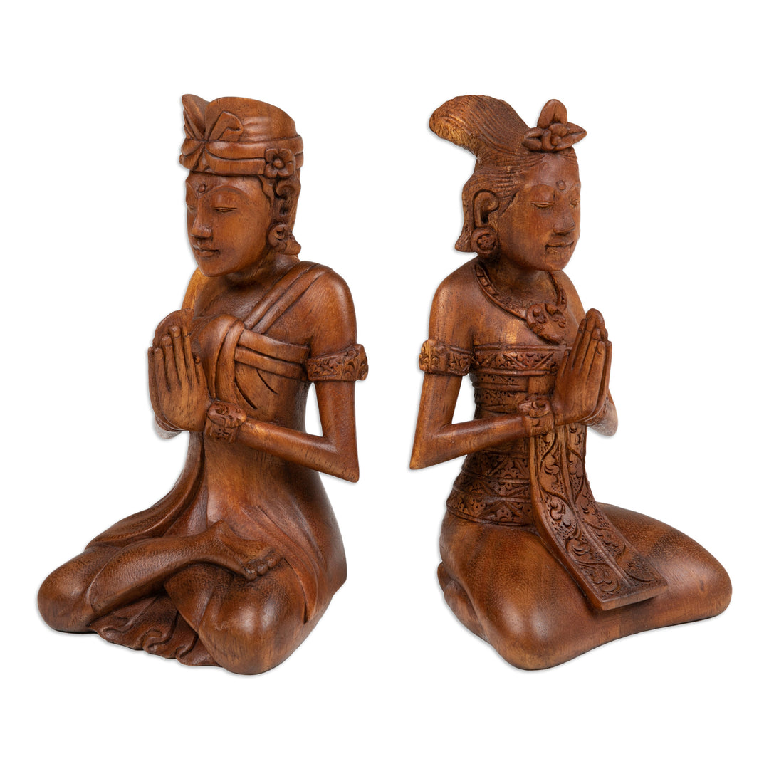 Two Hand-Carved Meditating Balinese Couple Wood Sculptures - Beautiful Balinese Couple