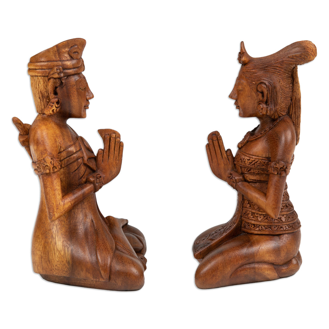 Two Hand-Carved Meditating Balinese Couple Wood Sculptures - Beautiful Balinese Couple