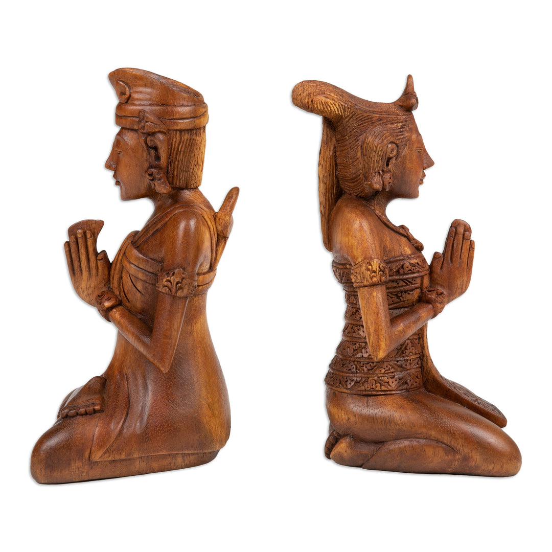 Two Hand-Carved Meditating Balinese Couple Wood Sculptures - Beautiful Balinese Couple