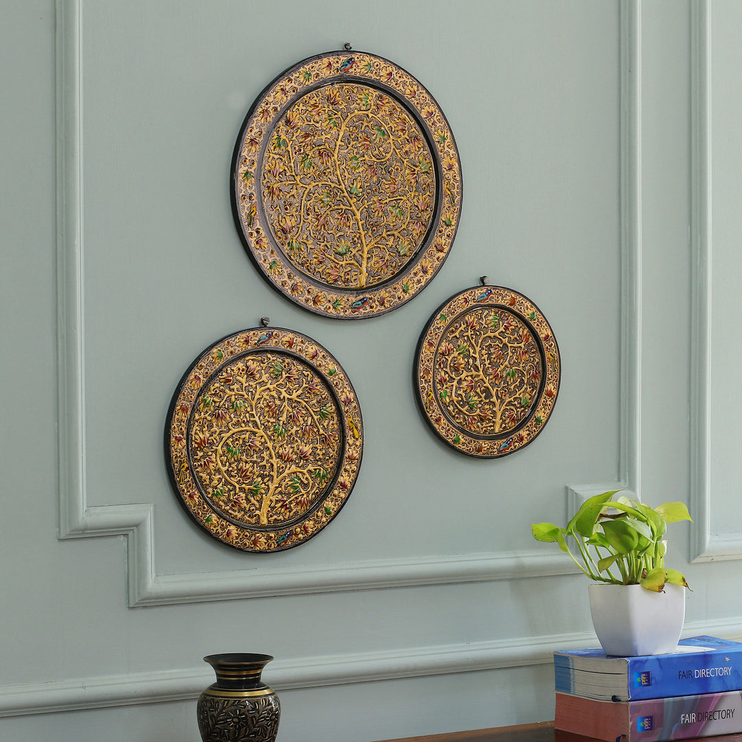 Set of 3 Forest-Themed Black and Golden Wood Relief Panels - Night Valley