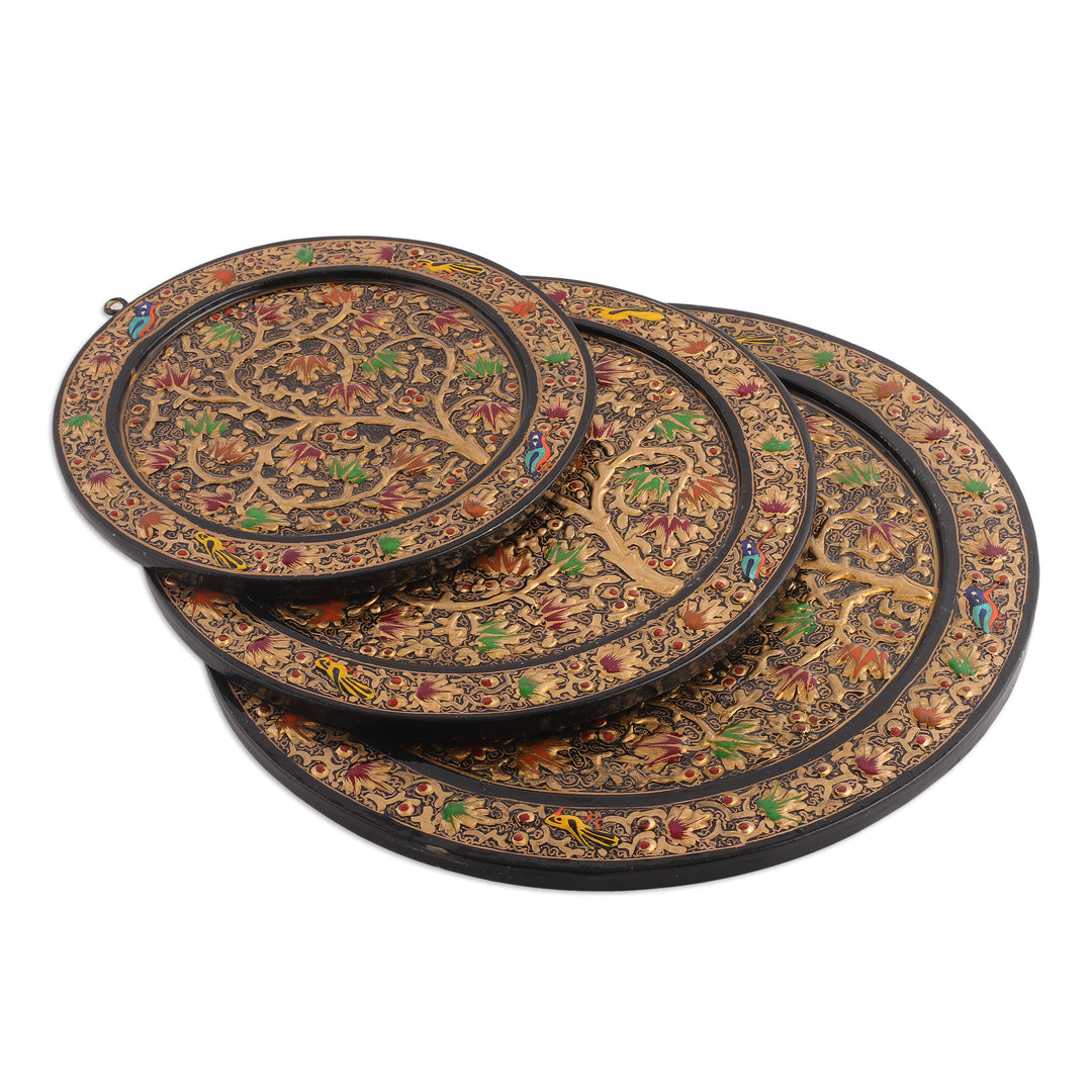 Set of 3 Forest-Themed Black and Golden Wood Relief Panels - Night Valley