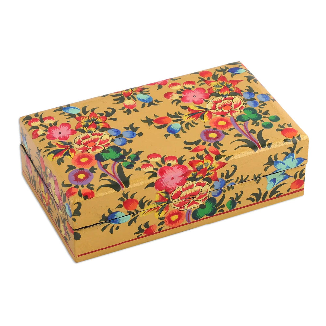 Floral Hand-Painted Yellow Papier Mache Decorative Box - Golden Scenes