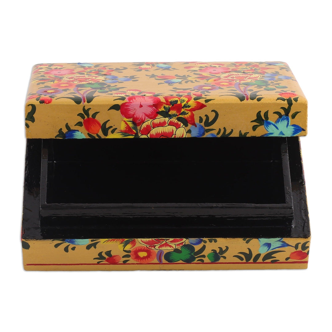 Floral Hand-Painted Yellow Papier Mache Decorative Box - Golden Scenes