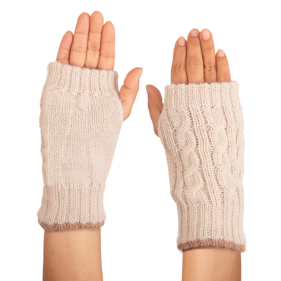 Ivory and Brown 100% Alpaca Reversible Fingerless Mittens - Sand & Sky
