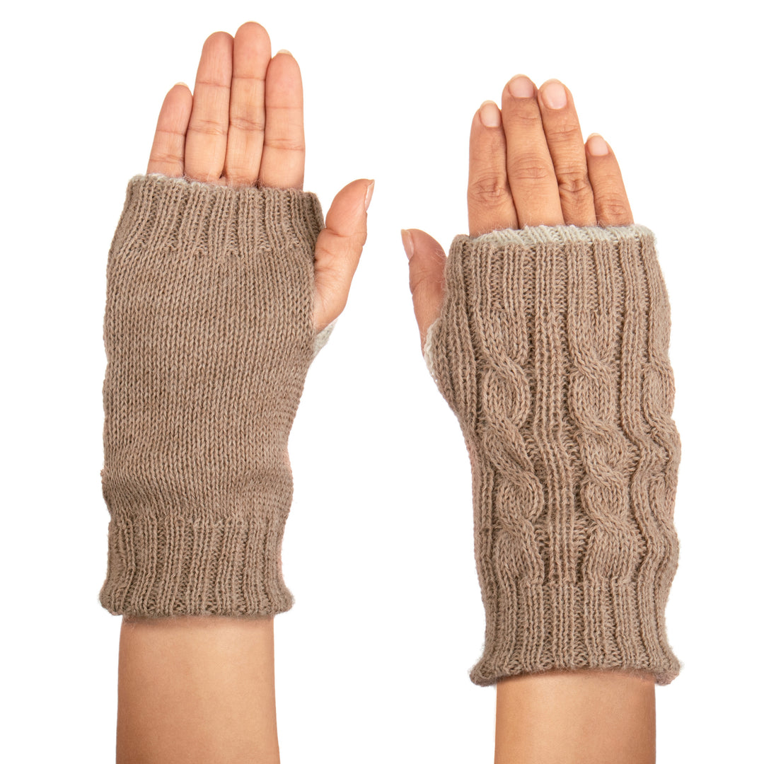 Ivory and Brown 100% Alpaca Reversible Fingerless Mittens - Sand & Sky