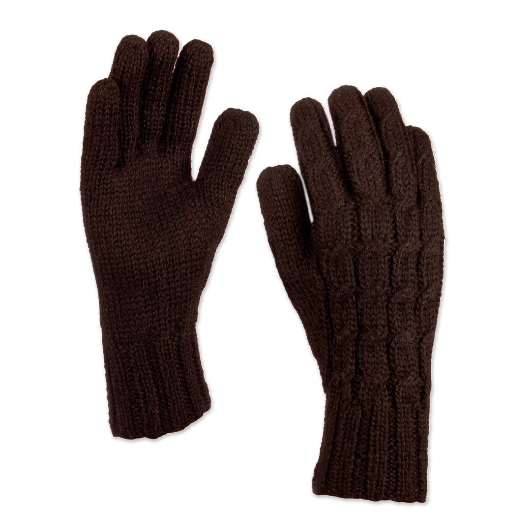 100% Alpaca Cable Knit Gloves in Brown Shade from Peru - Brown Braid