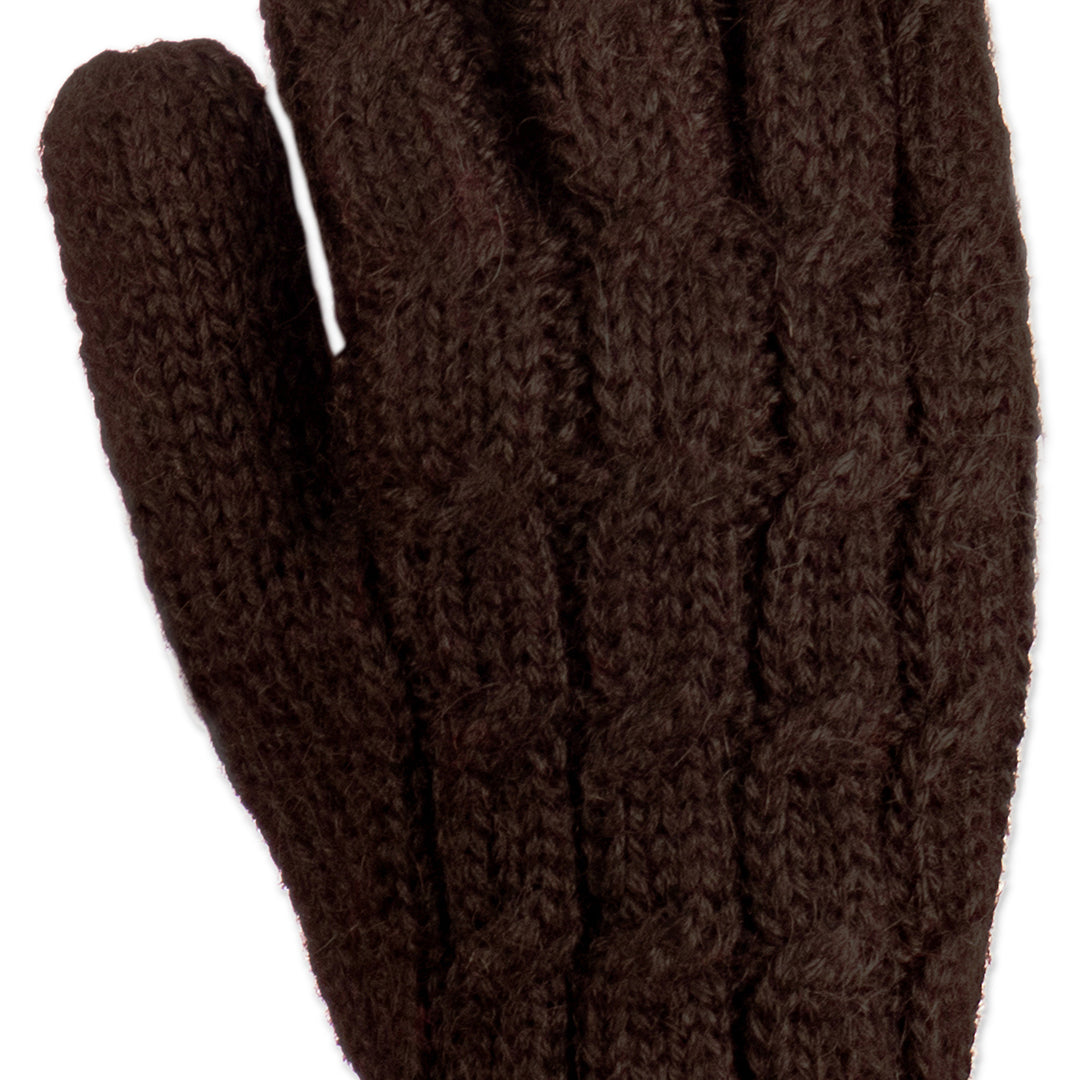 100% Alpaca Cable Knit Gloves in Brown Shade from Peru - Brown Braid