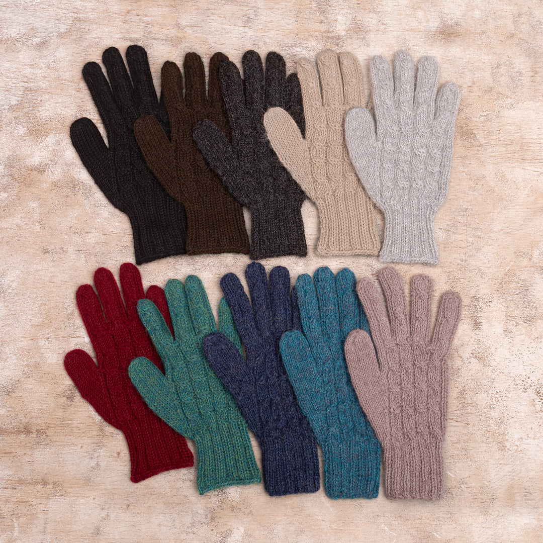 100% Alpaca Cable Knit Gloves in Brown Shade from Peru - Brown Braid