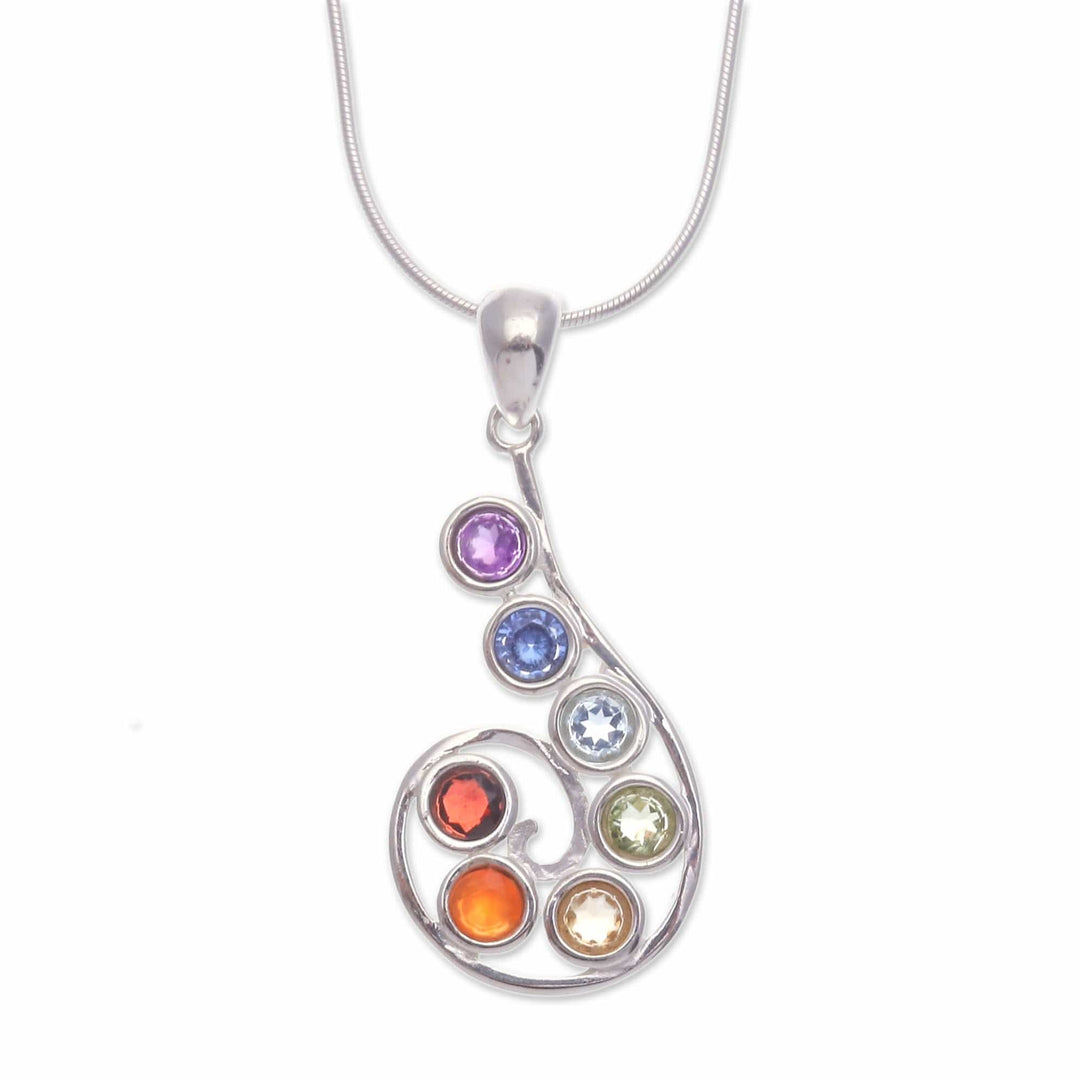 Chakra-Themed Spiral Multi-Gemstone Pendant Necklace - Seven Centers