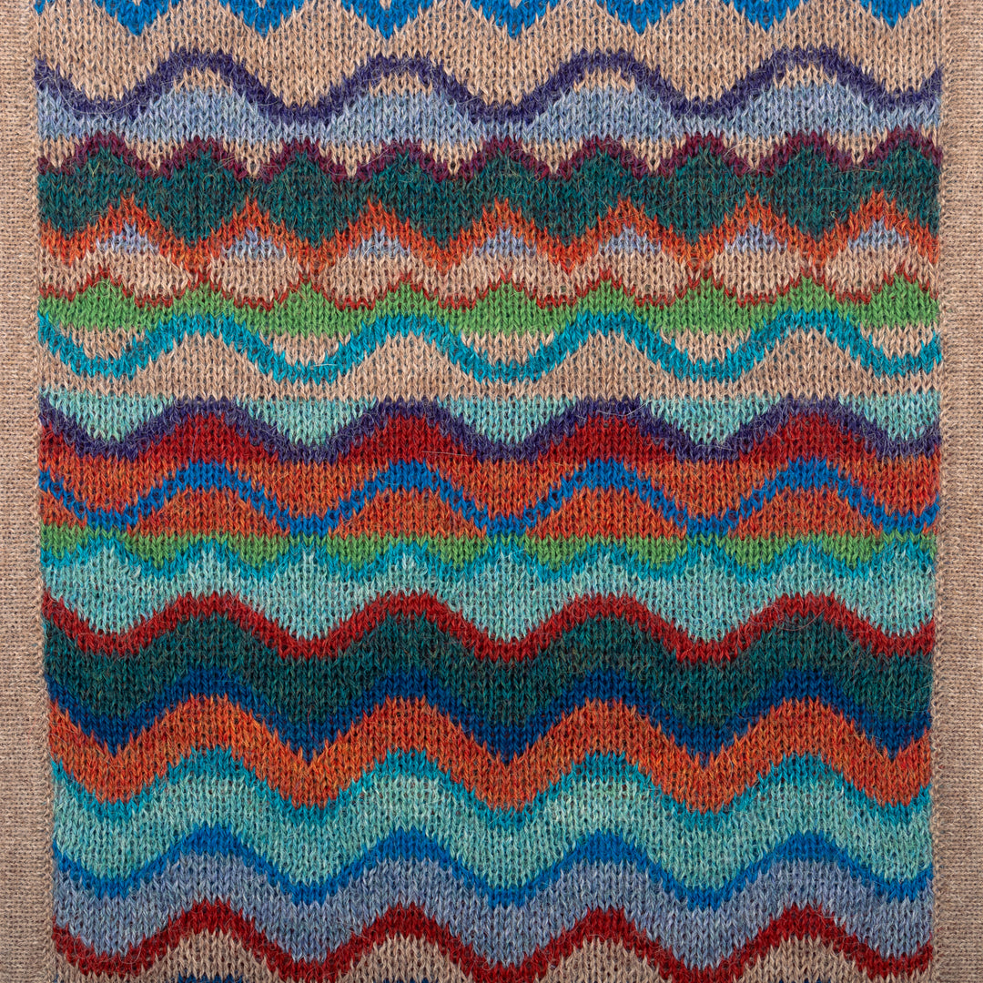 Colorful Knit 100% Alpaca Scarf with Wavy and Zigzag Motifs - Andean Vista