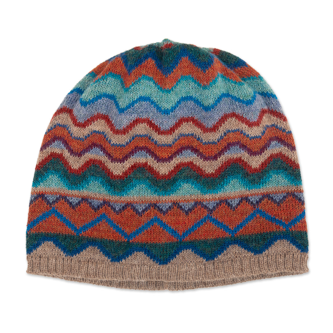 Colorful Knit 100% Alpaca Hat with Wavy and Zigzag Patterns - Andean Vista