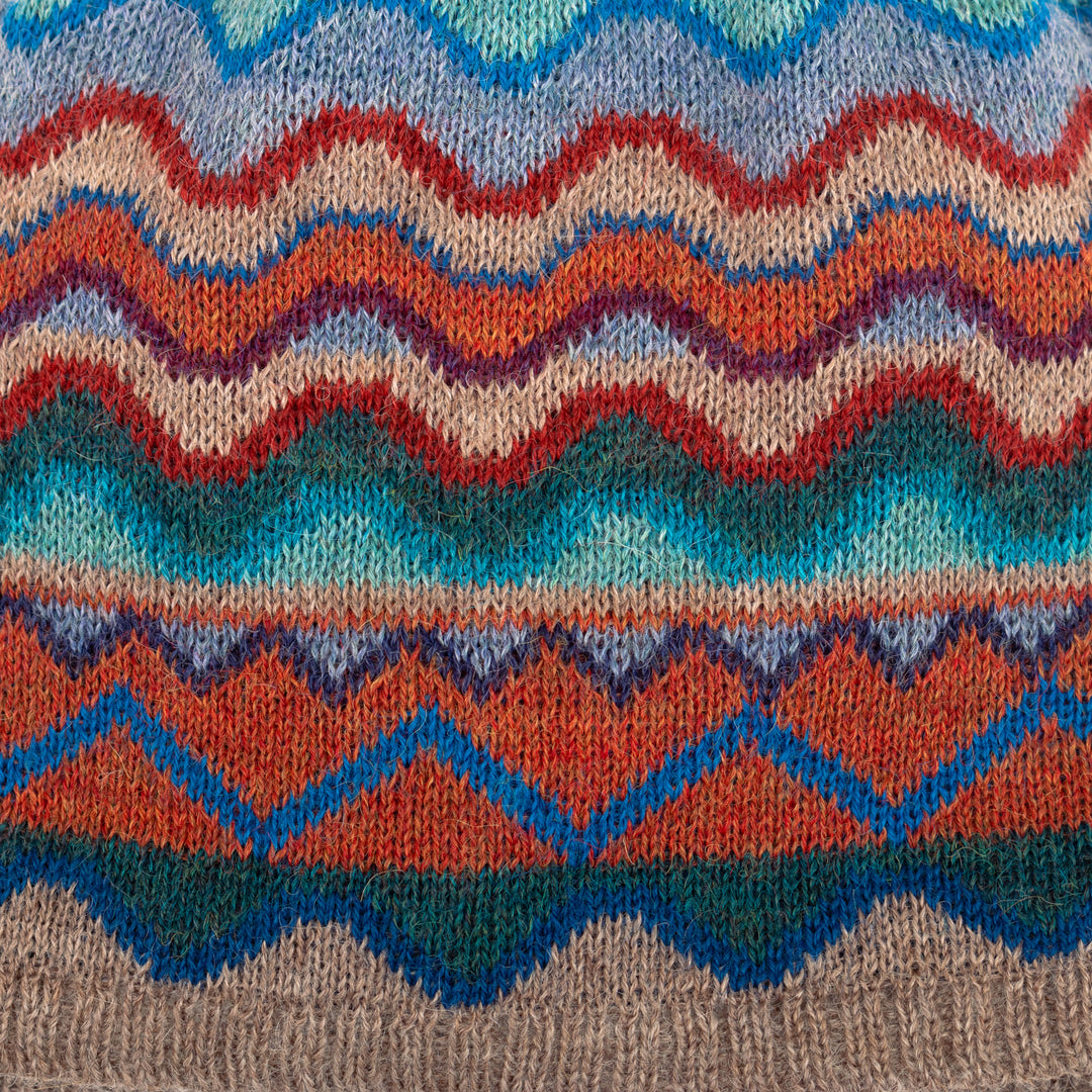 Colorful Knit 100% Alpaca Hat with Wavy and Zigzag Patterns - Andean Vista