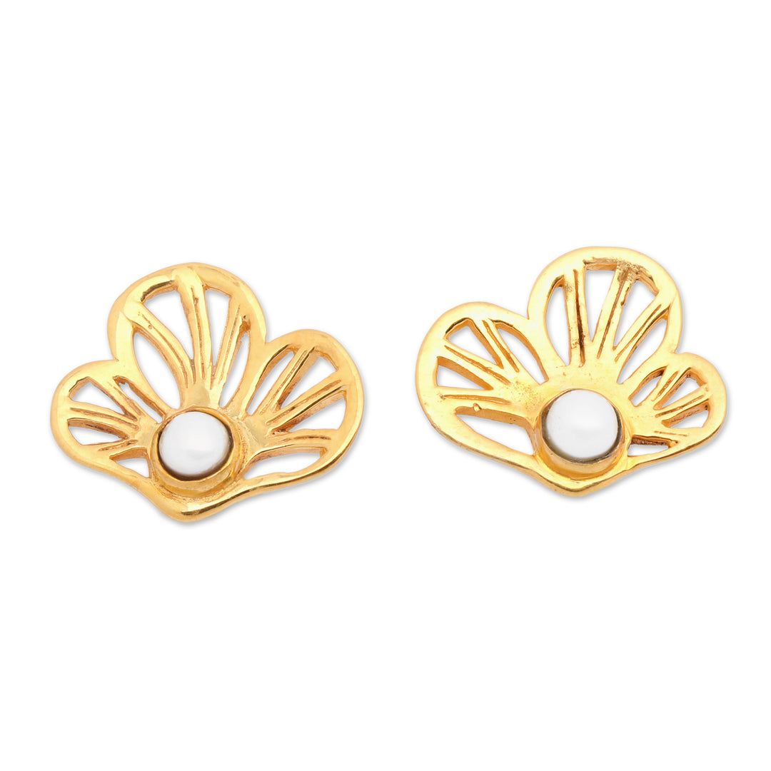 22k Gold-plated Cultured Pearl Clover Button Earrings - Marine Clover
