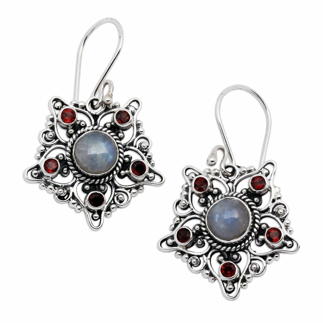5-Carat Garnet and Rainbow Moonstone Star Dangle Earrings - Starry Romance