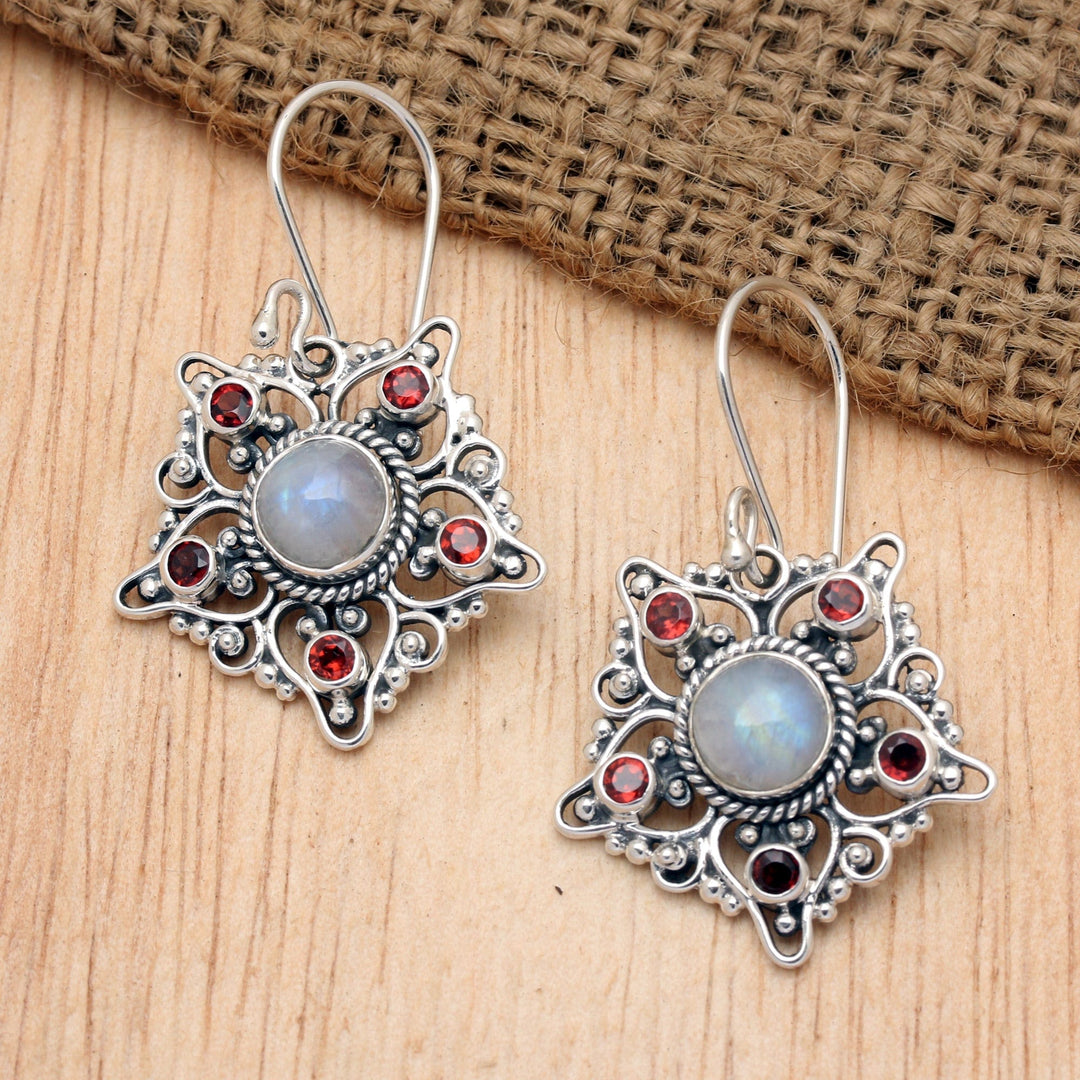 5-Carat Garnet and Rainbow Moonstone Star Dangle Earrings - Starry Romance