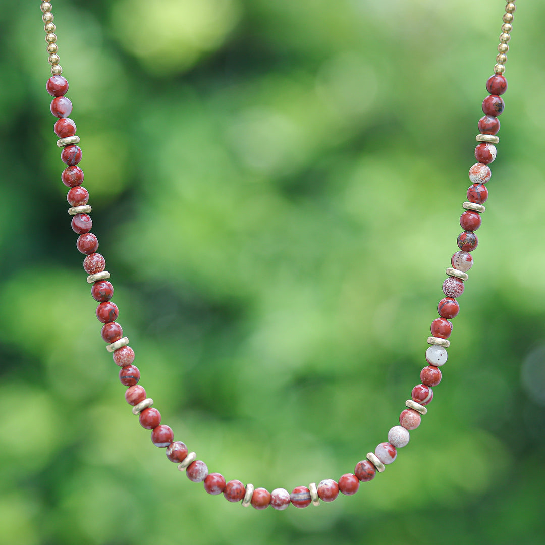 Handcrafted Jasper and Brass Beaded Necklace from Thailand - Strong Orbs