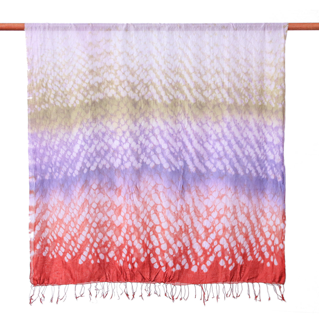 Tie-Dyed Red Purple Green Batik Rayon and Silk Blend Scarf - Vibrant Fusion