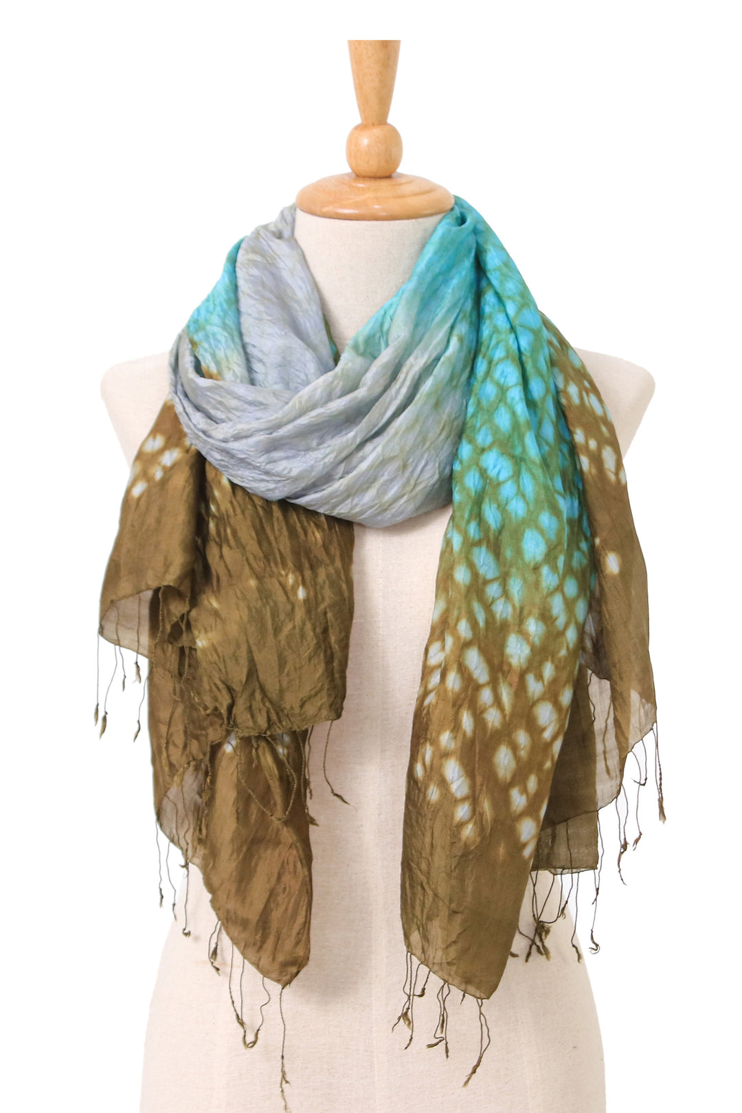 Tie-Dyed Green Blue Grey Batik Rayon and Silk Blend Scarf - Spring Fusion