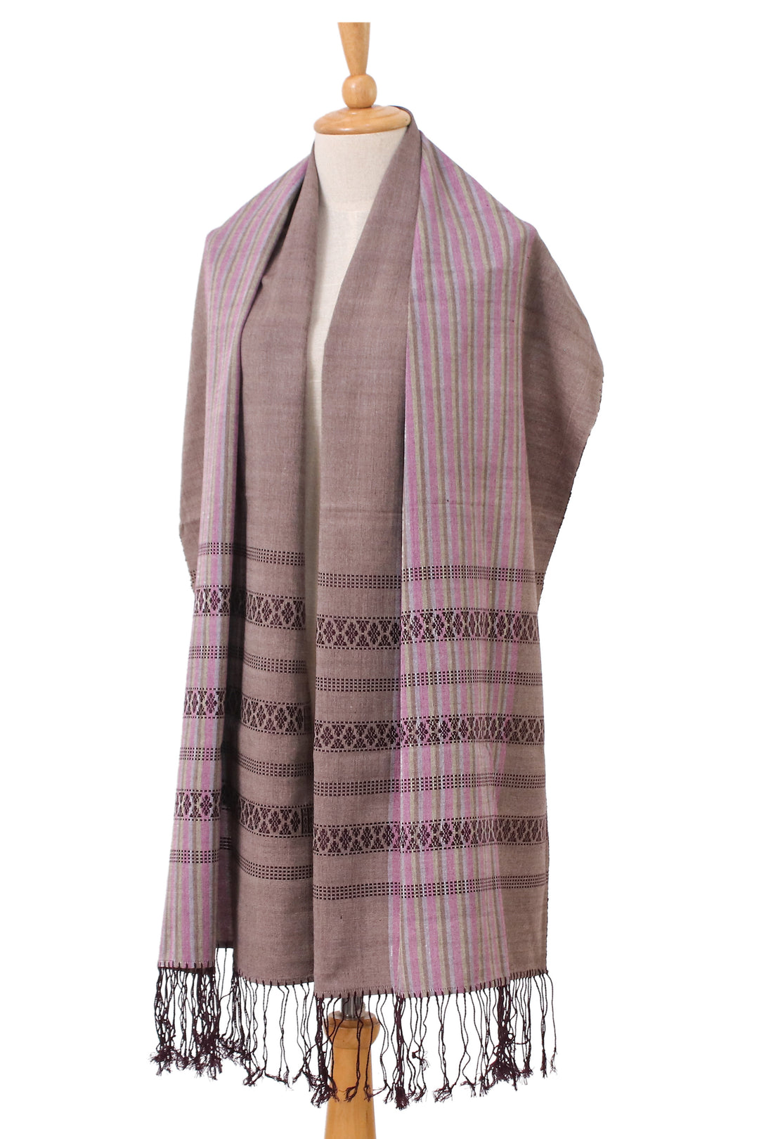 Striped Violet and Purple Cotton Yok Dok Shawl with Fringes - Twilight Yok Dok