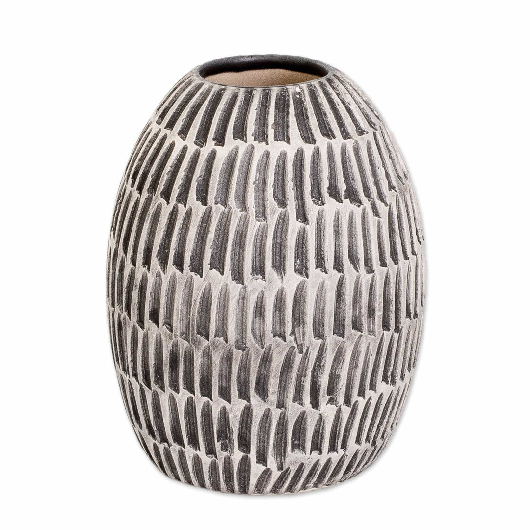 Modern Textured Ceramic Vase Hand-Painted in Guatemala - Dreams of Nature in Black