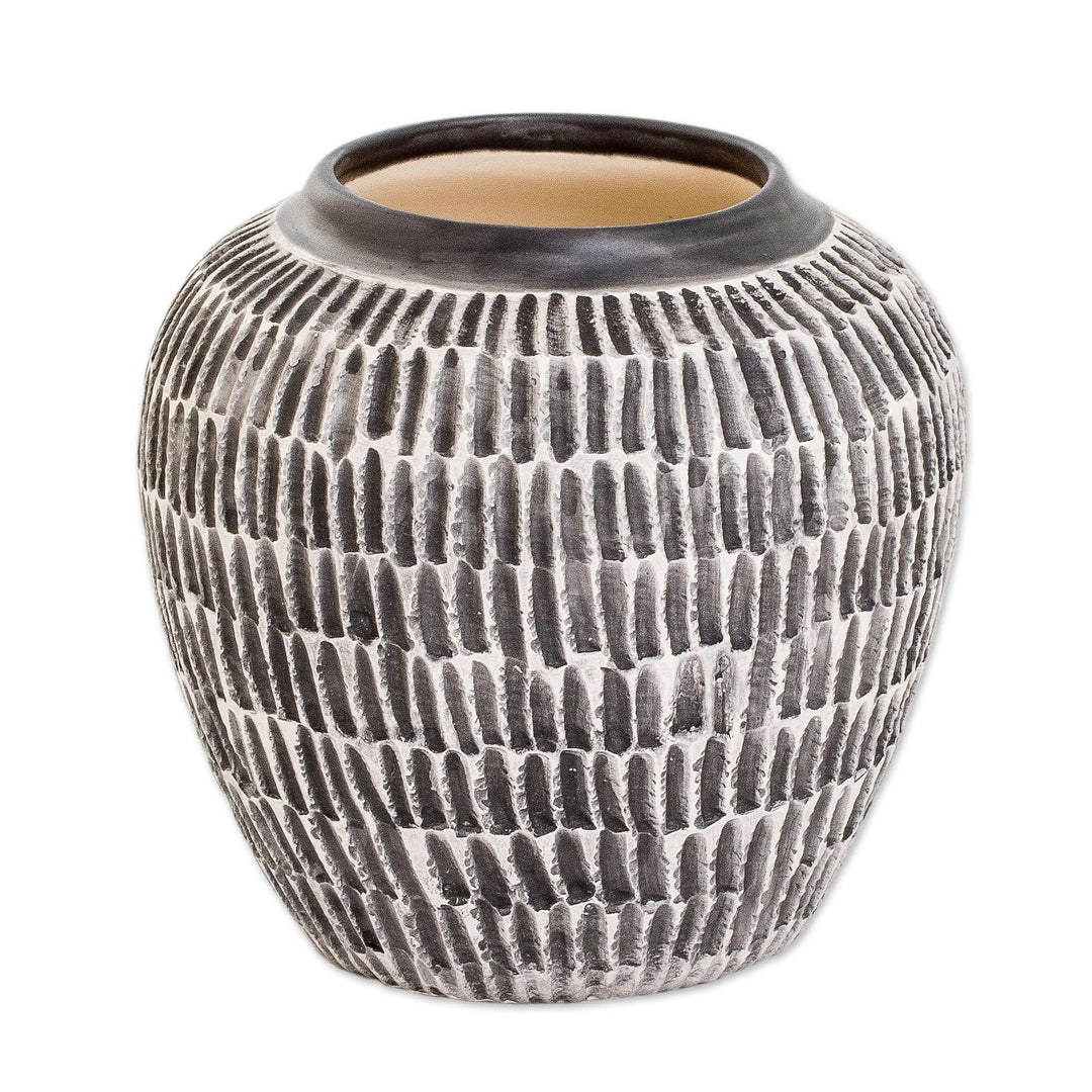 Modern Textured Ceramic Vase with Hand-Painted Black Accents - Floral Universe in Black