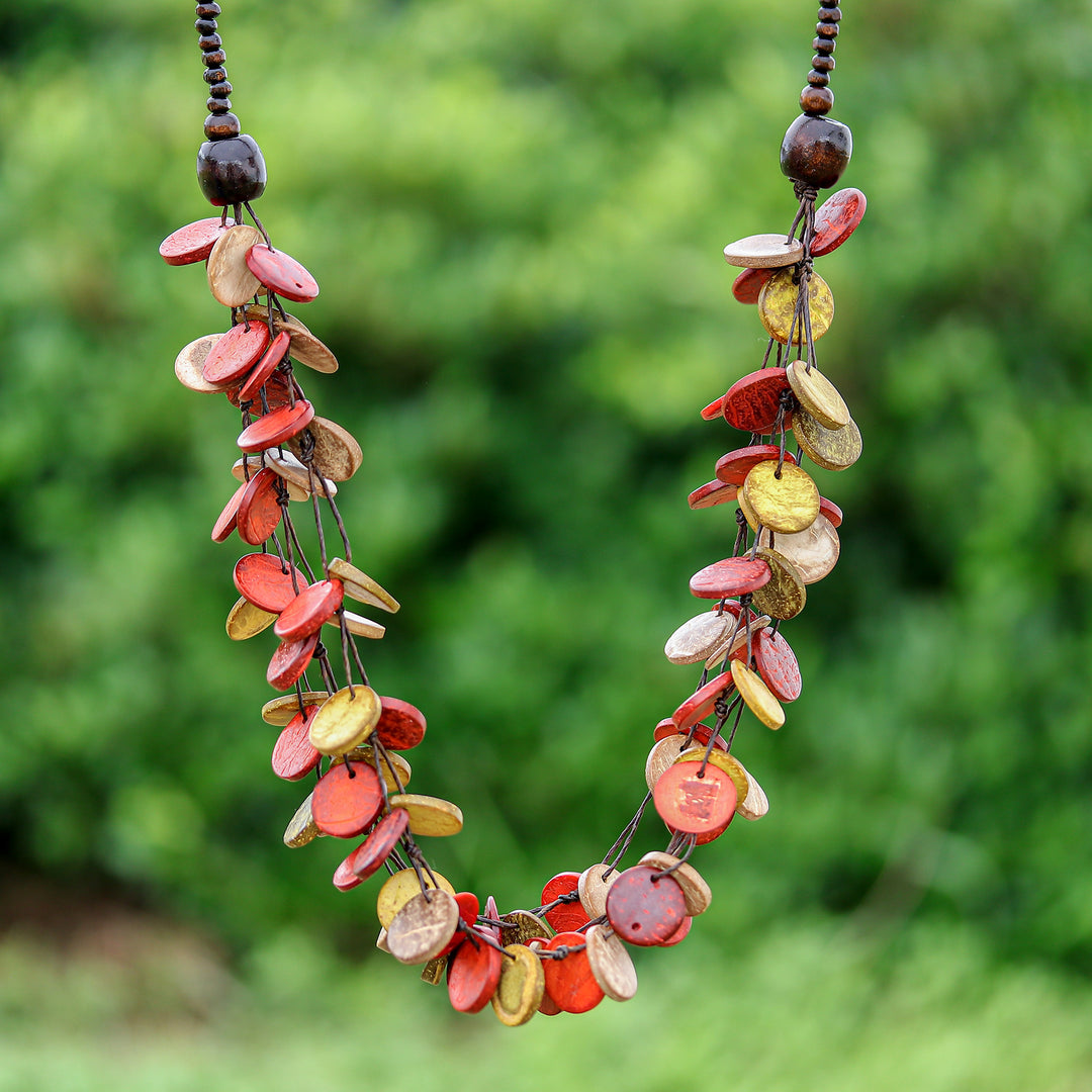 Red and Yellow Round Wood Beaded Three-Strand Necklace - Cycles of Fire