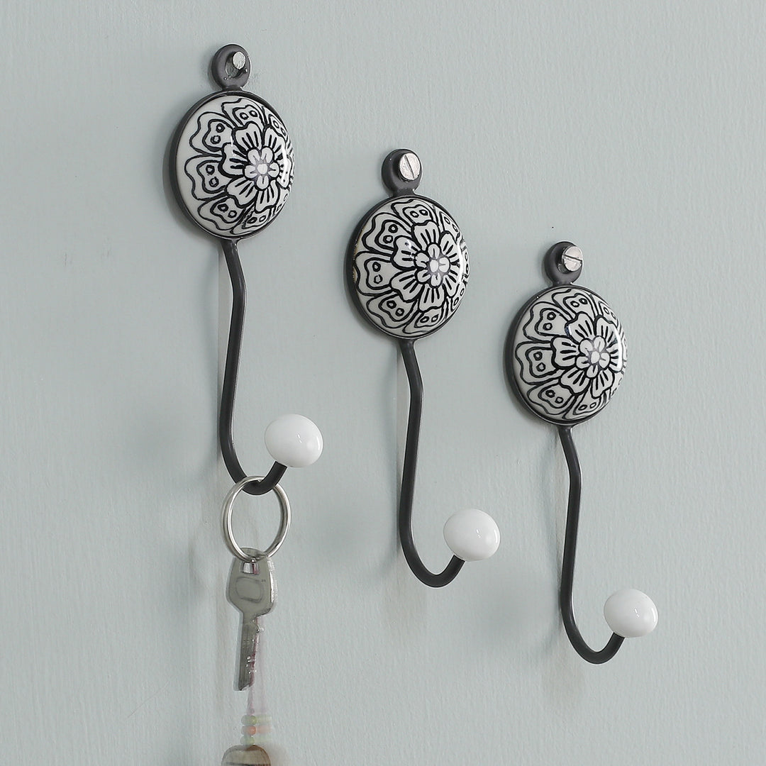 Set of 3 Ceramic Coat Hooks with Hand-Painted Floral Details - Floral White