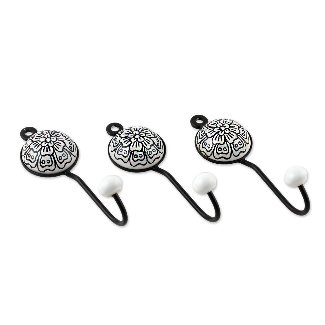 Set of 3 Ceramic Coat Hooks with Hand-Painted Floral Details - Floral White
