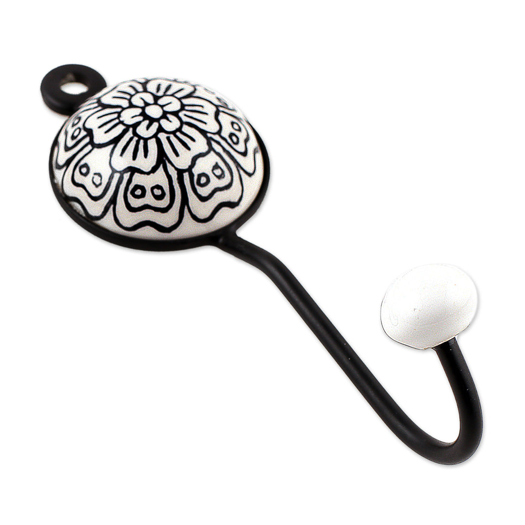 Set of 3 Ceramic Coat Hooks with Hand-Painted Floral Details - Floral White