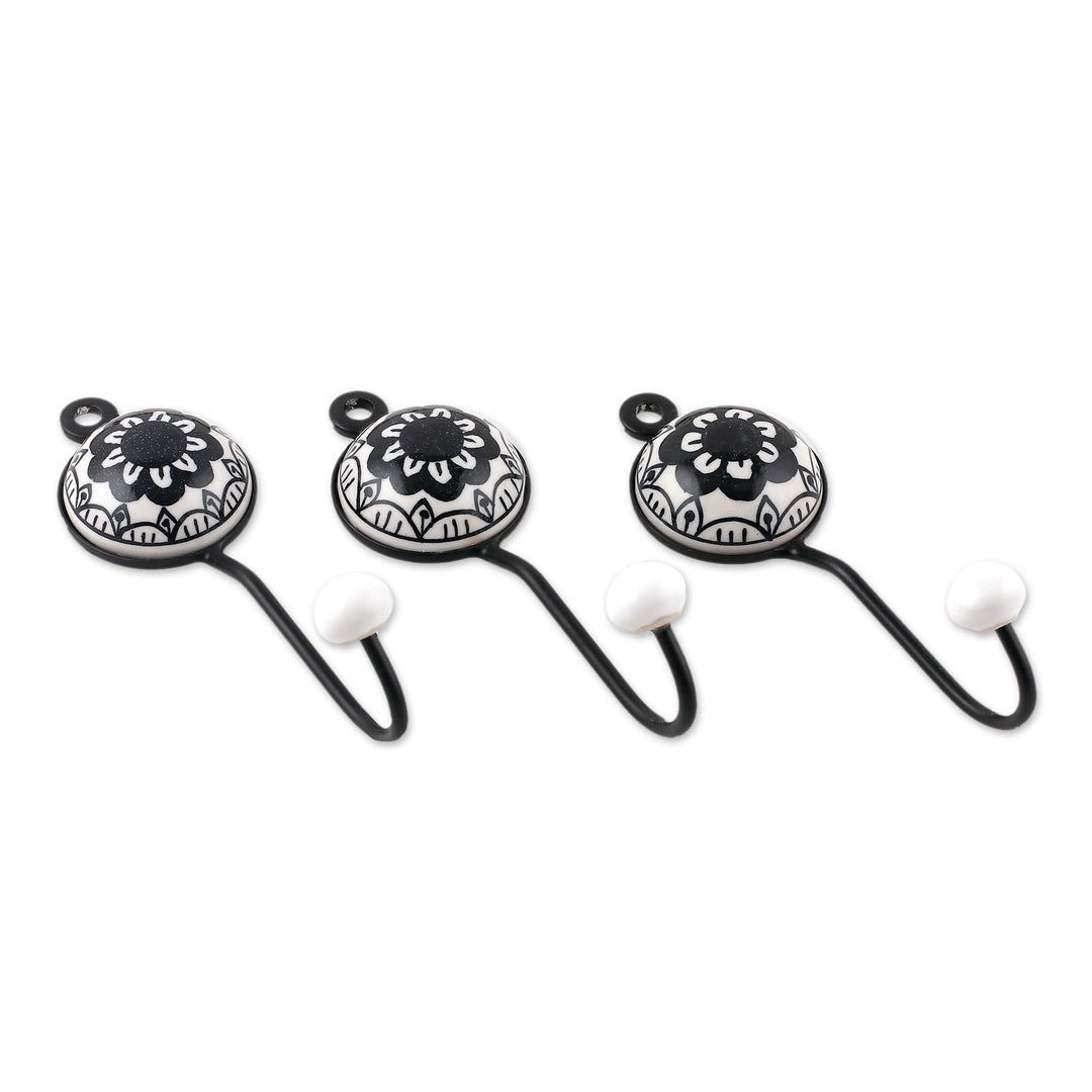 Set of 3 Ceramic Coat Hooks with Hand-Painted Floral Motifs - Floral Black