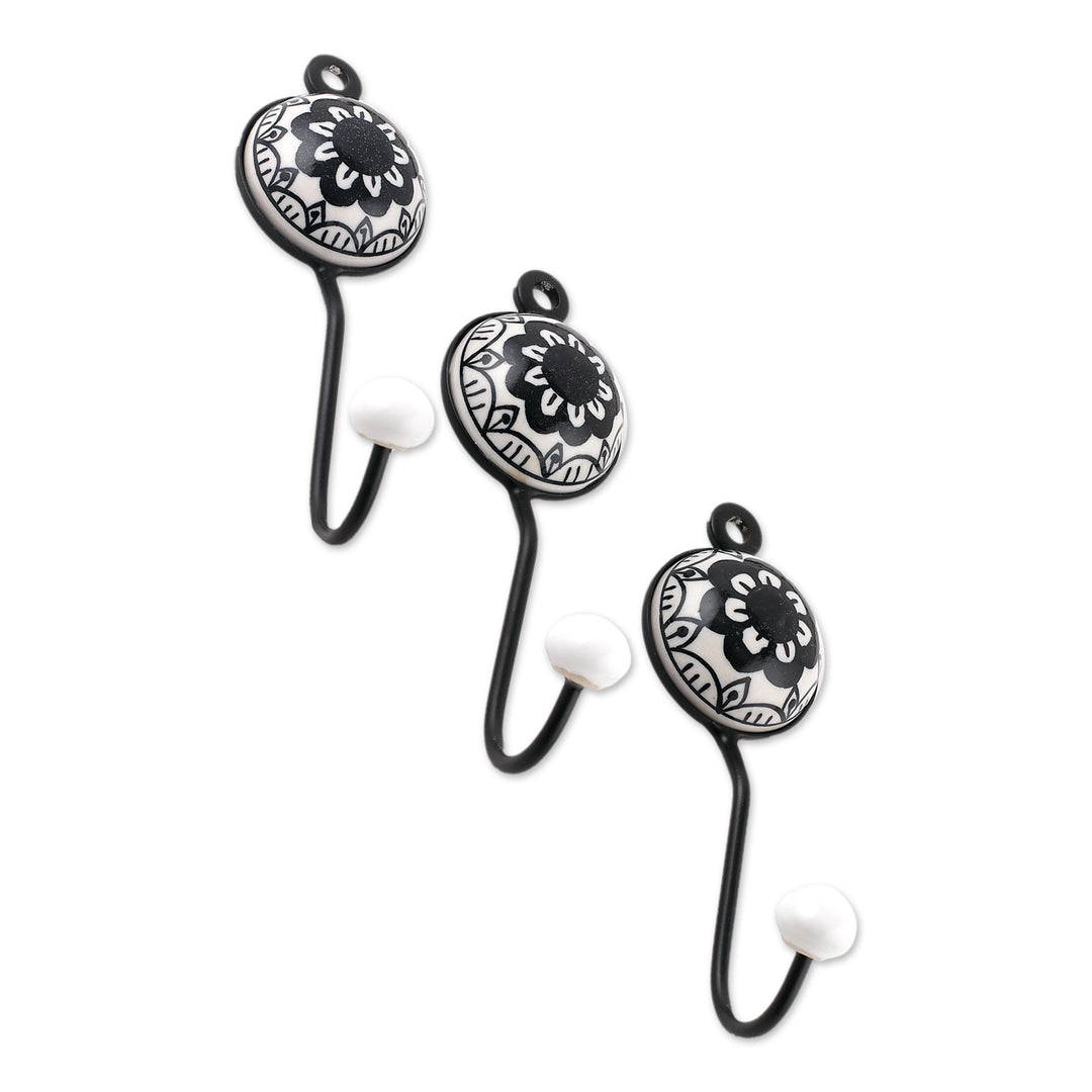 Set of 3 Ceramic Coat Hooks with Hand-Painted Spiral Motifs - Spiral Magic