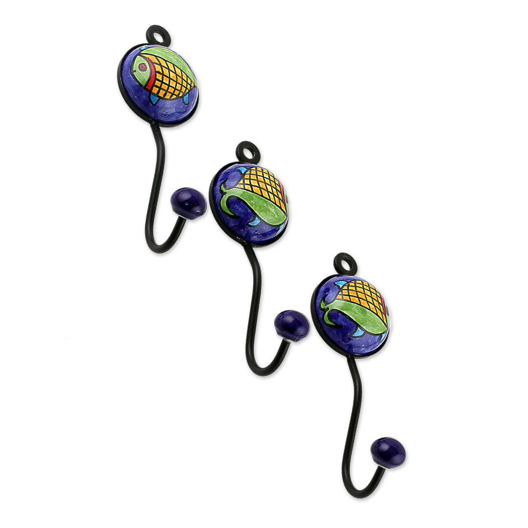 Set of 3 Ceramic Coat Hooks with Hand-Painted Fish Motifs - Fish Fantasy