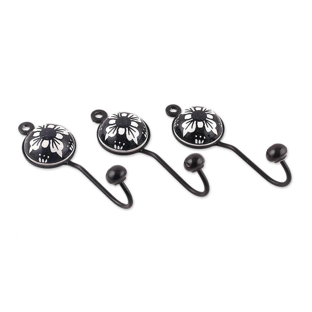 Set of 3 Ceramic Coat Hooks with Hand-Painted Floral Accents - Floral Midnight