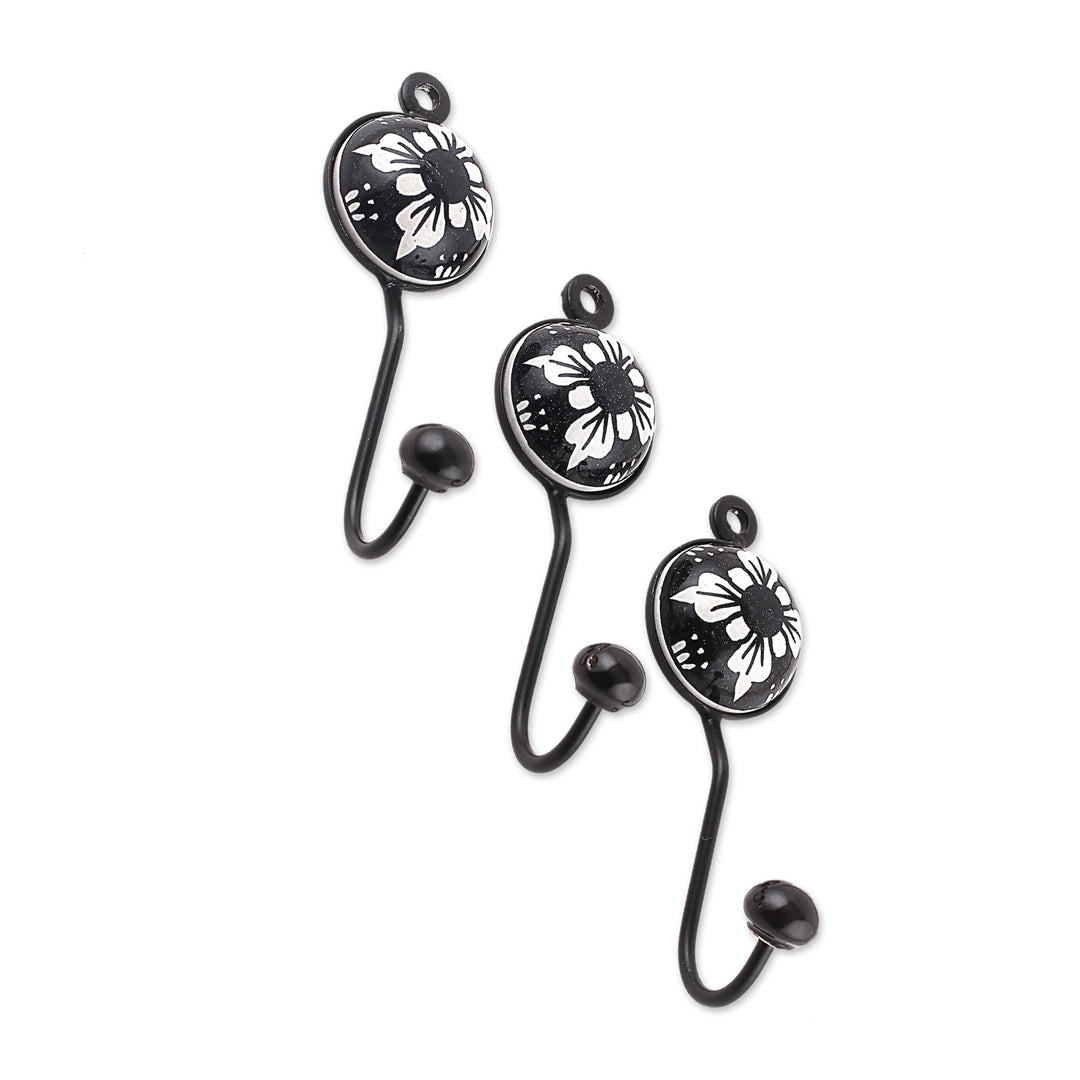 Set of 3 Ceramic Coat Hooks with Hand-Painted Floral Accents - Floral Midnight