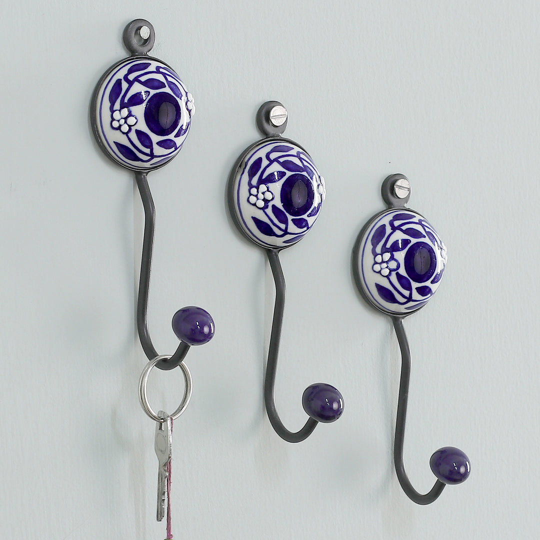 Set of 3 Hand-Painted Ceramic Floral and Leaf Coat Hooks - Blue Appeal