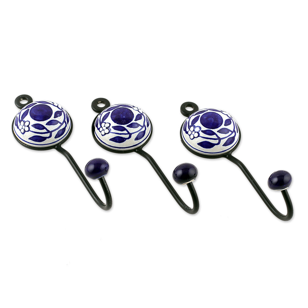 Set of 3 Hand-Painted Ceramic Floral and Leaf Coat Hooks - Blue Appeal