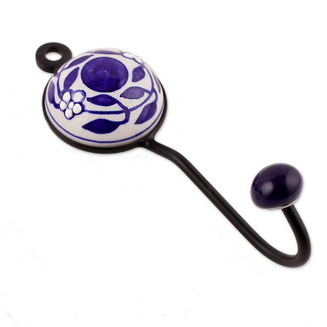 Set of 3 Hand-Painted Ceramic Floral and Leaf Coat Hooks - Blue Appeal