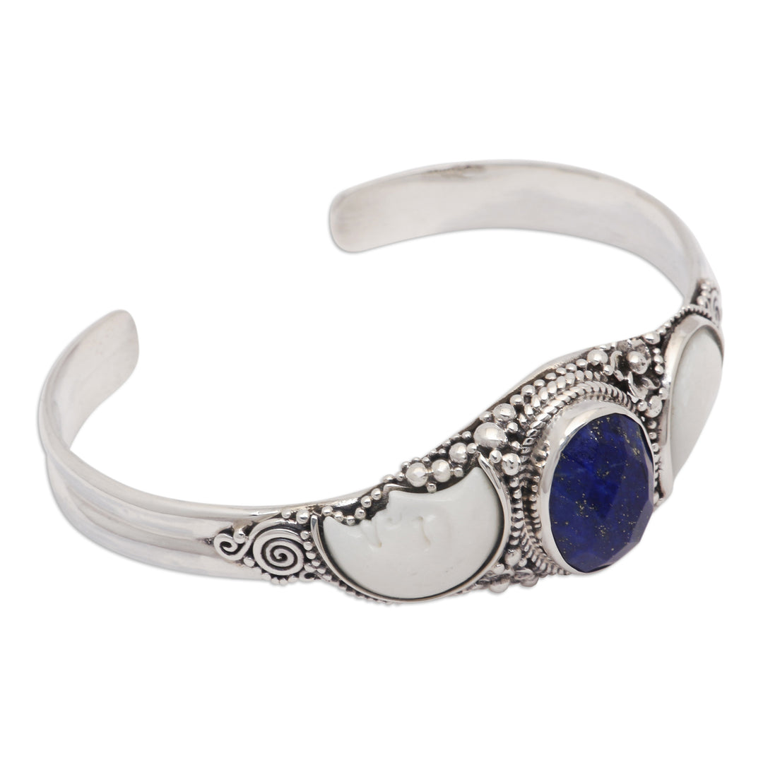 Moon-Themed Seven-Carat Lapis Lazuli Cuff Bracelet from Bali - Lunar Twins