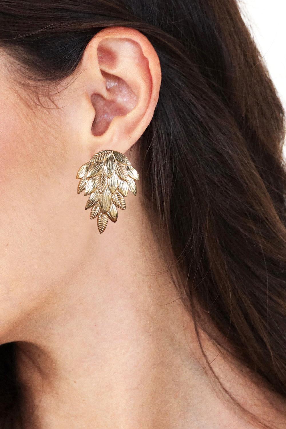 High-Polished Leafy Embossed Brass Drop Earrings - Cascade of Leaves