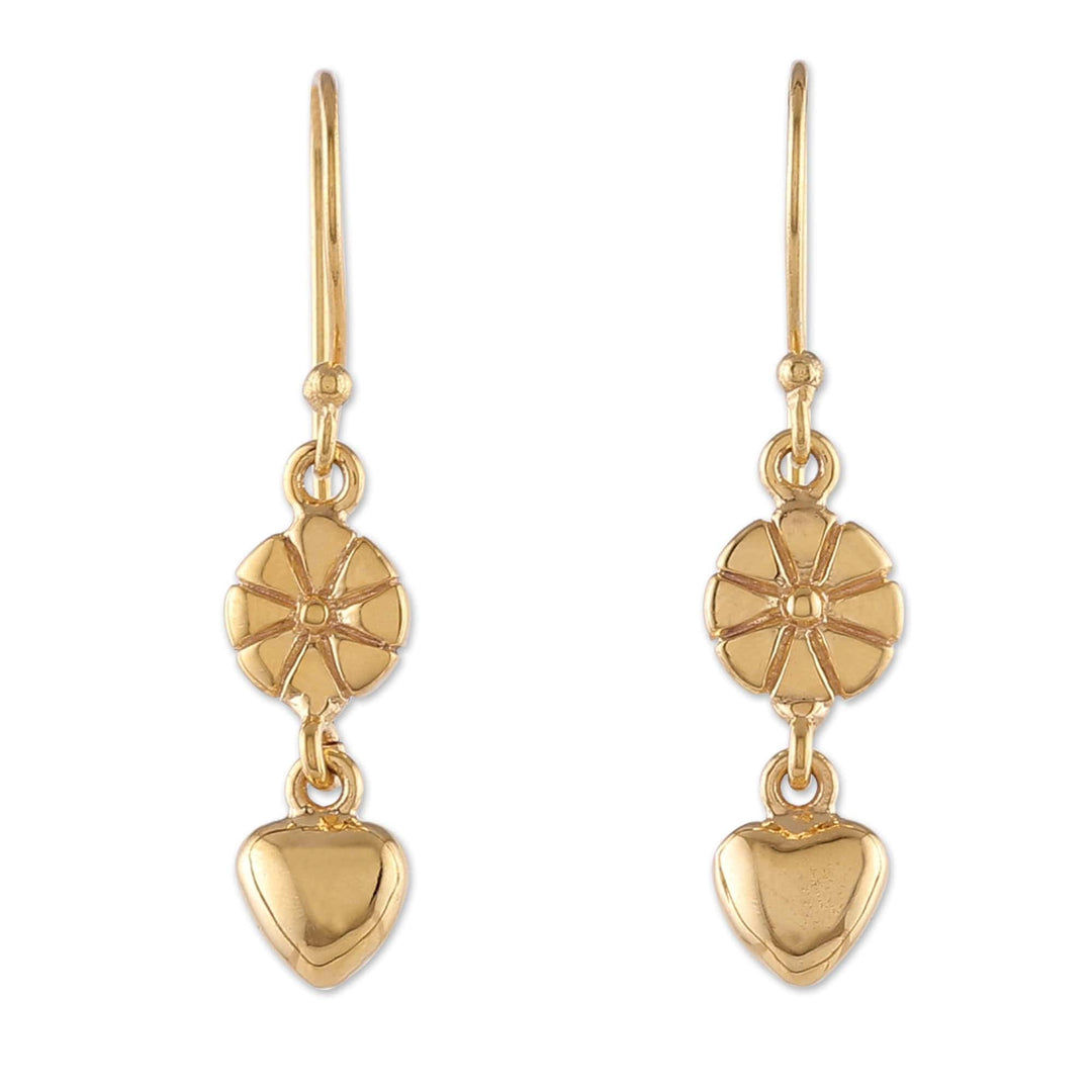 Flower and Heart-Themed Polished Brass Dangle Earrings - Floral Incantation