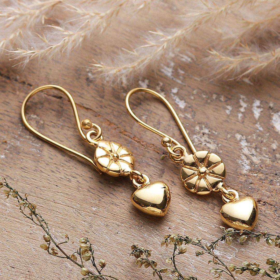 Flower and Heart-Themed Polished Brass Dangle Earrings - Floral Incantation