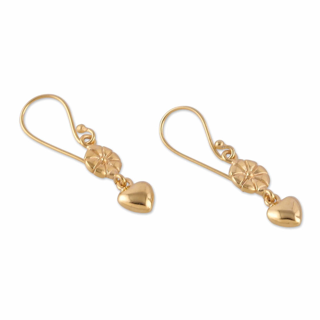 Flower and Heart-Themed Polished Brass Dangle Earrings - Floral Incantation