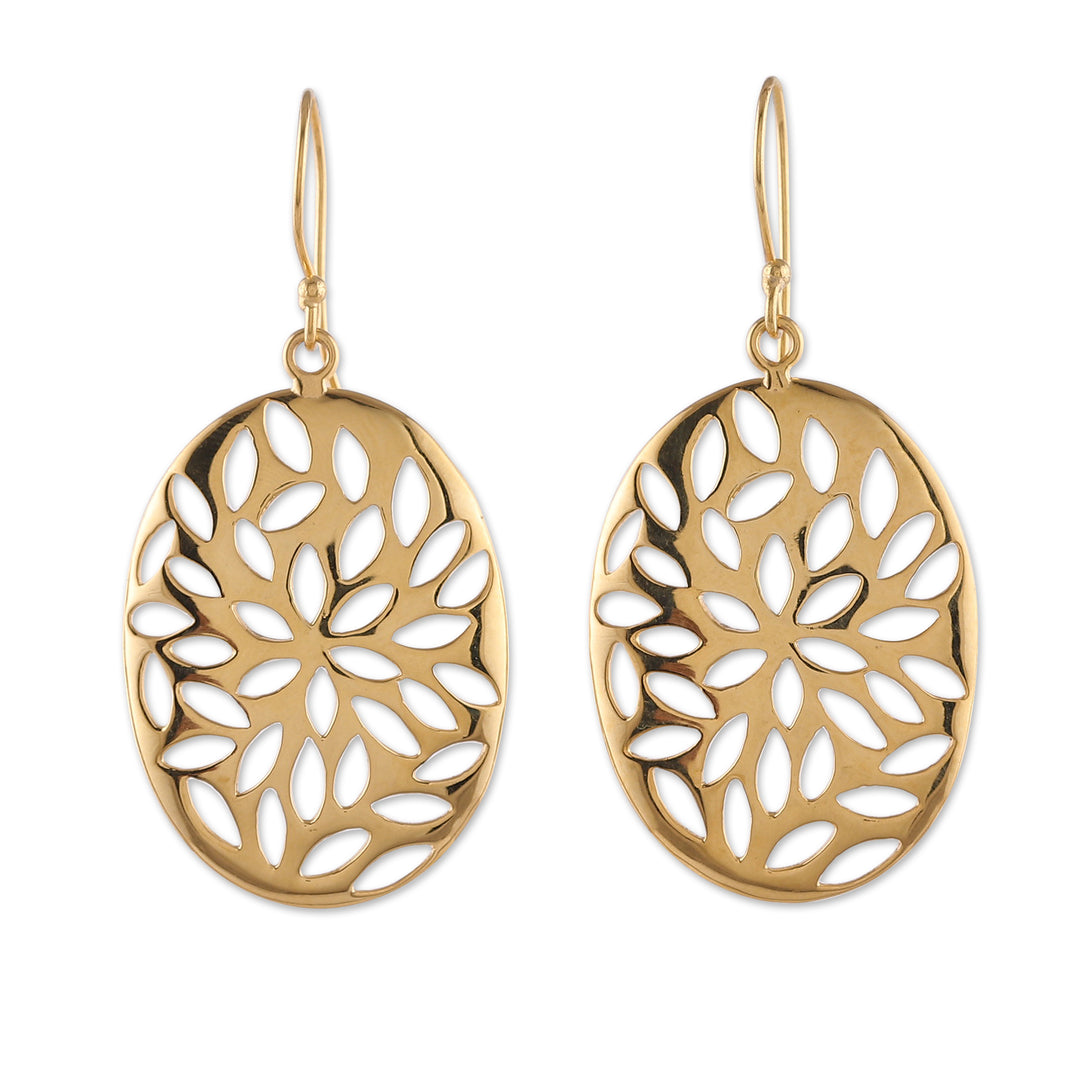Floral Ellipse-Shaped Brass Dangle Earrings in a High Polish - Petals & Glamour