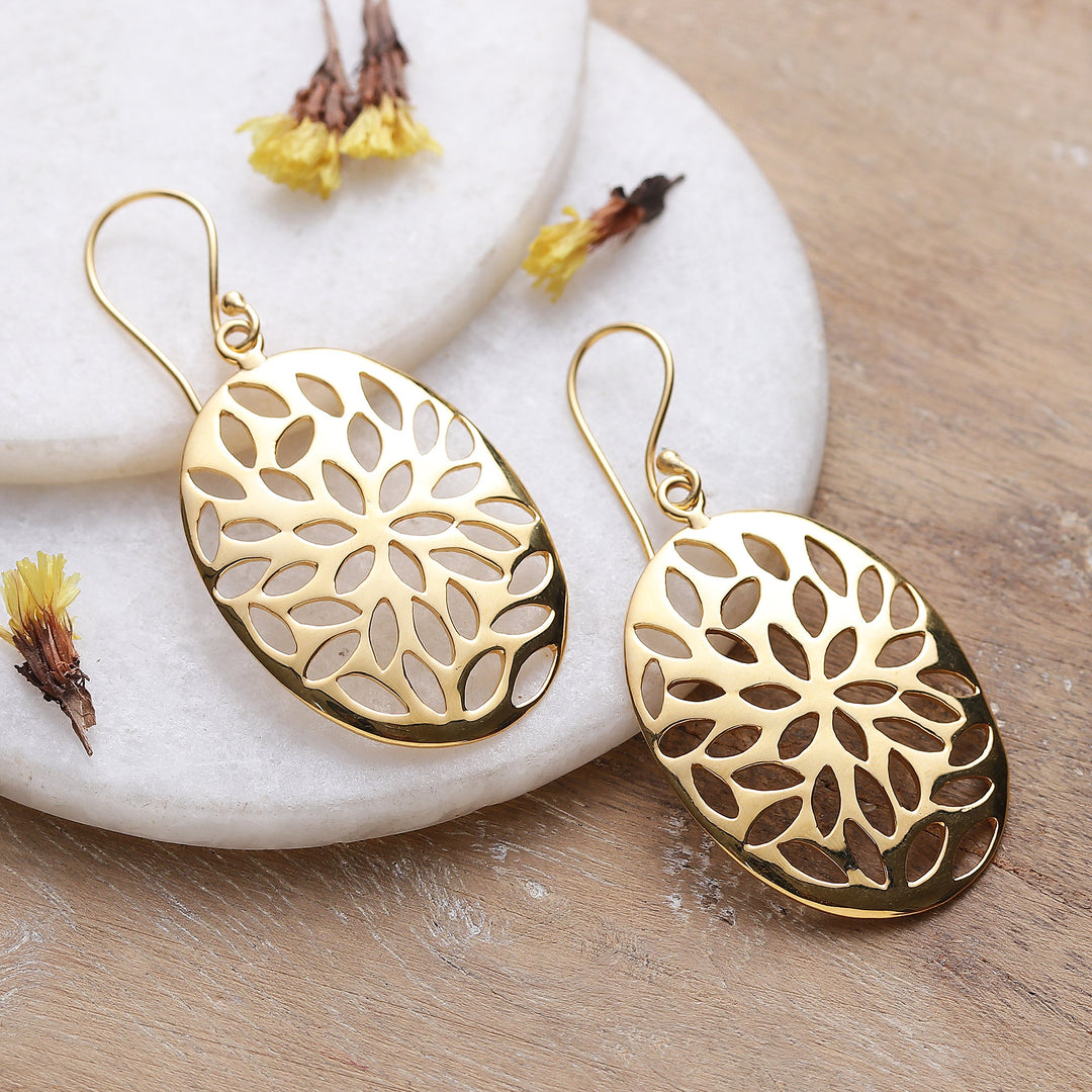 Floral Ellipse-Shaped Brass Dangle Earrings in a High Polish - Petals & Glamour