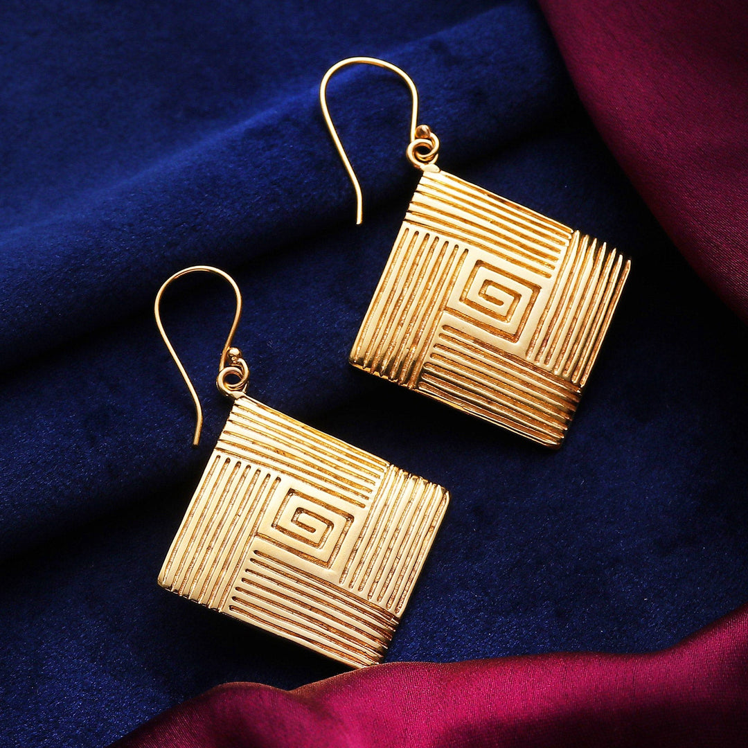 Diamond-Shaped Polished Brass Dangle Earrings from India - Diamond Routes