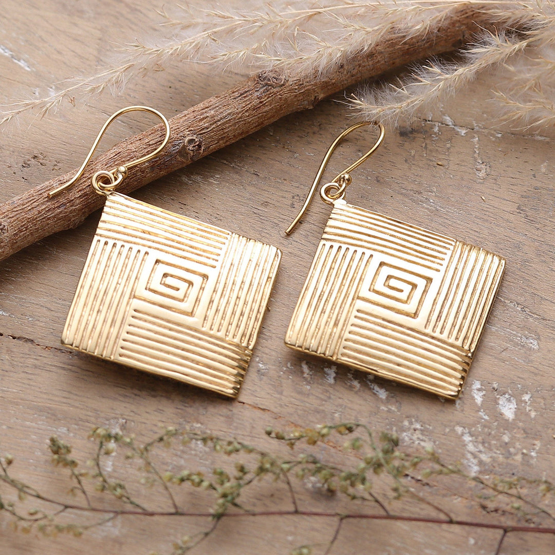 Diamond-Shaped Polished Brass Dangle Earrings from India - Diamond Routes